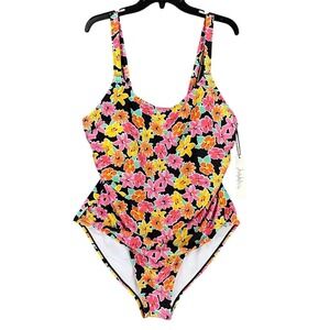 Nicole Miller Abstract Bloom Print Swimsuit Women 2X Plus Side Ruching One Piece